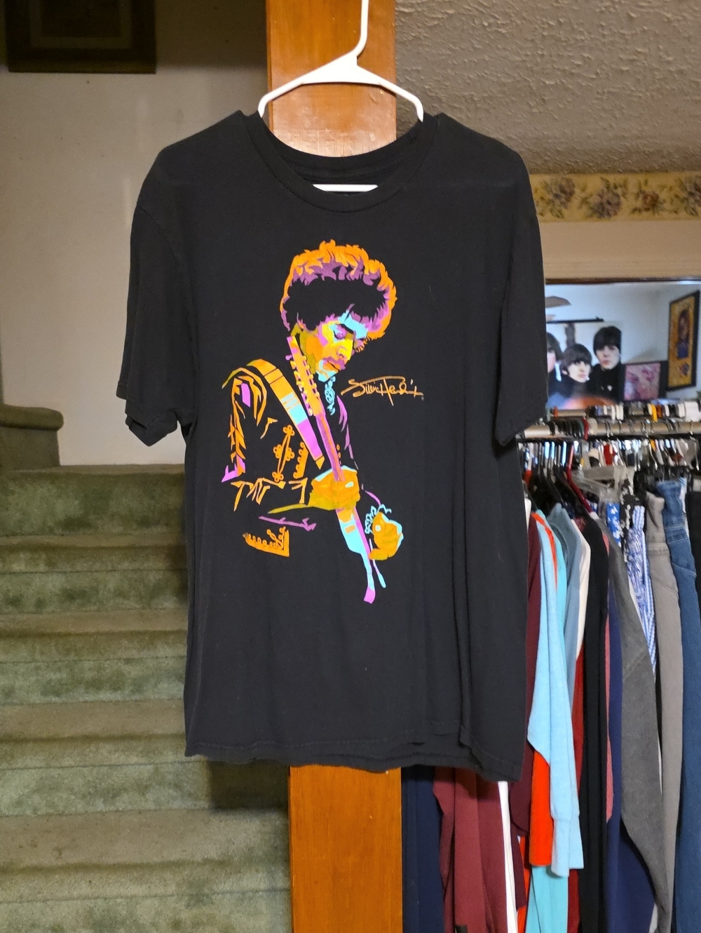 Jimmy Hendrix Black Graphic Short-Sleeve Men’s T-Shirt - Neon Guitar Artwork